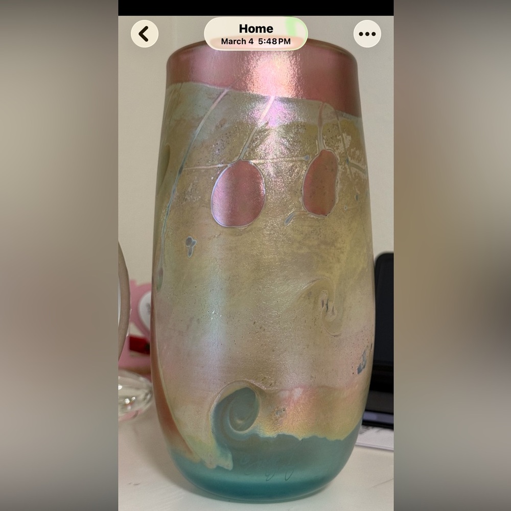 Hand blown Iridescent Pink and Teal Art Glass Vase signed studio
